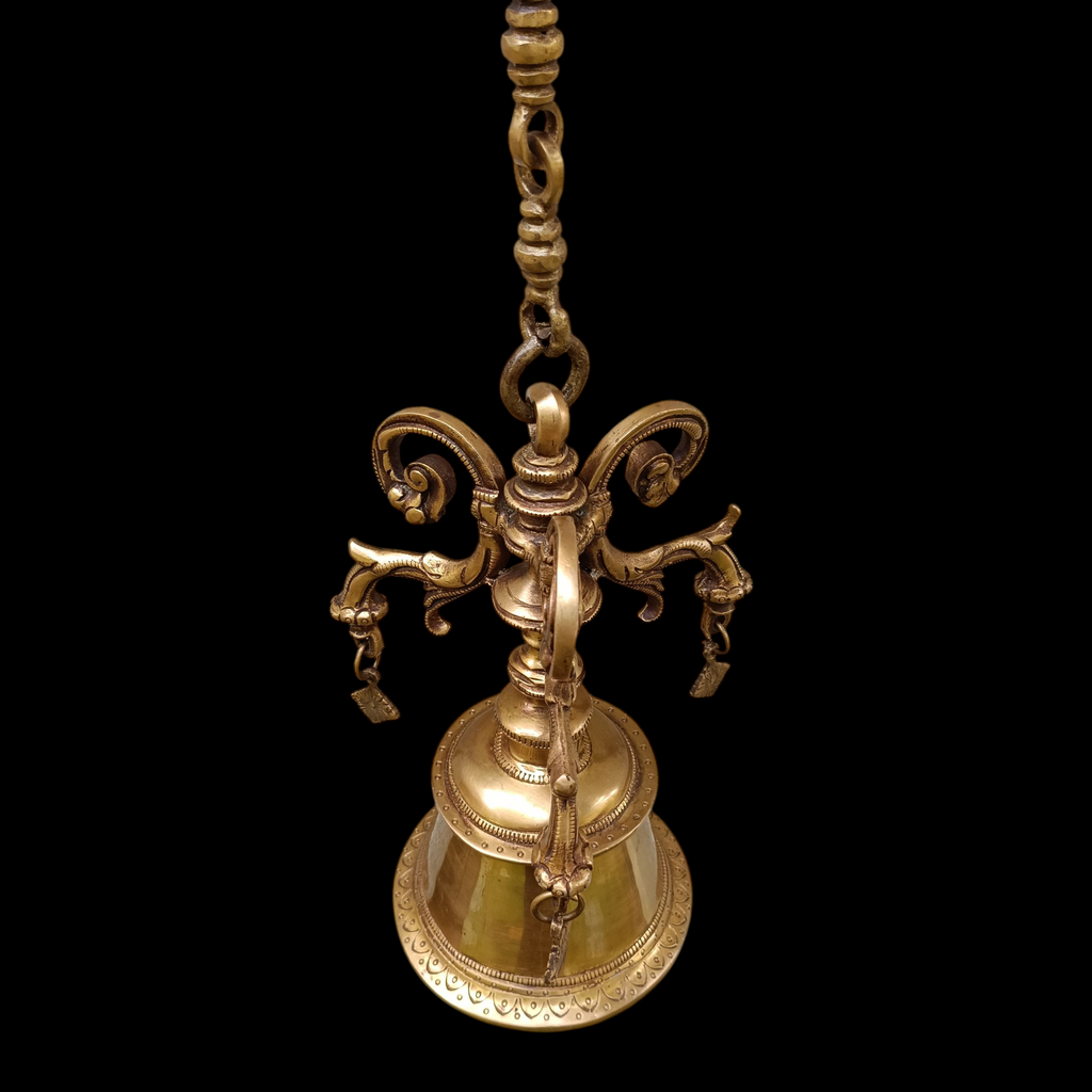 Magnificent Brass Temple Bell On Chain. Length 77 cm x Diameter Of Bell 12.5 cm