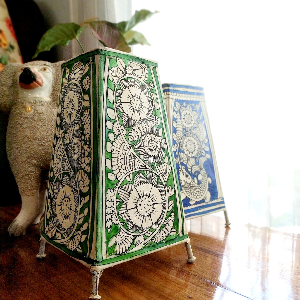 Pair Of Kalamkari Style Leather Lamps In Colours of Vibrant Green & Indigo Blue. Height 24 cm