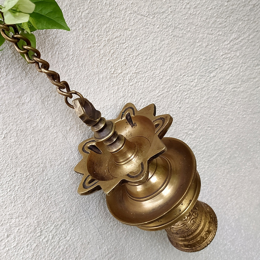 Vintage Brass Hanging Oil Lamp With Bell - "Thooku Vilakku" From South India. Length 91 cm x Diameter 10 cm