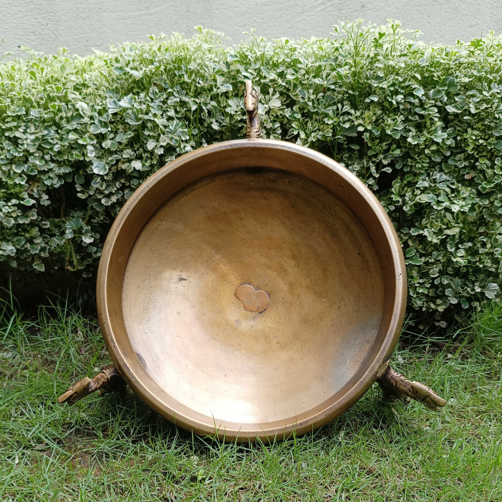 Traditional Brass Urli Handcrafted With 3 Mythical Yali Legs. Diameter 28 cm x Height 15 cm