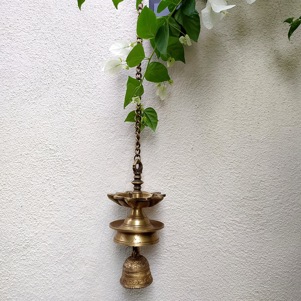 Vintage Brass Hanging Oil Lamp With Bell - "Thooku Vilakku" From South India. Length 91 cm x Diameter 10 cm