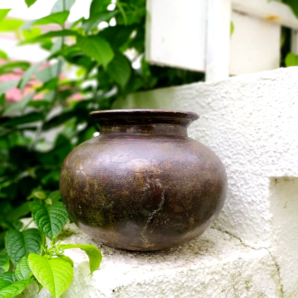 Vintage Brass Lota, Drinking Water Vessel In Dark Brown Patina. Ht 15 cm x Dia 12 cm