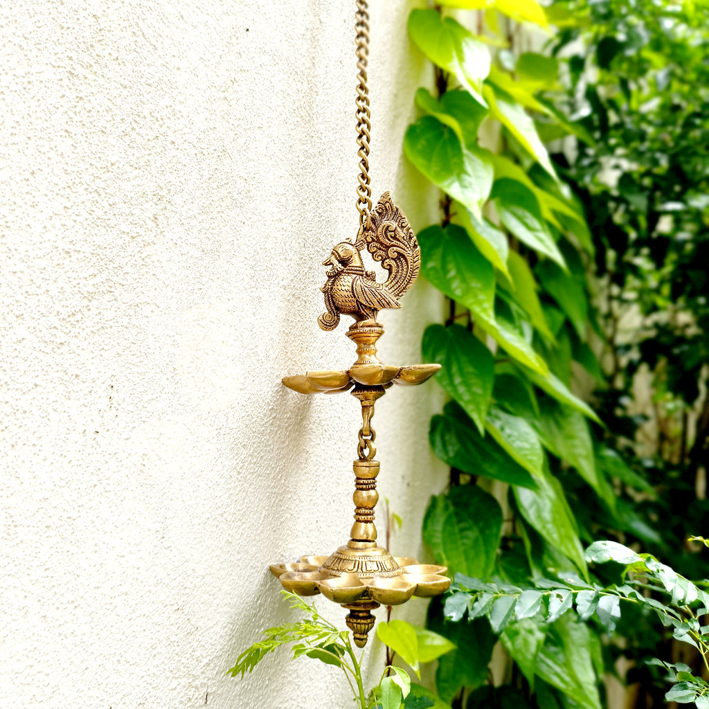 Vintage Two Tiered Brass Lamp of The Mythical Hamsa With 16 Diyas. Length 70 cm