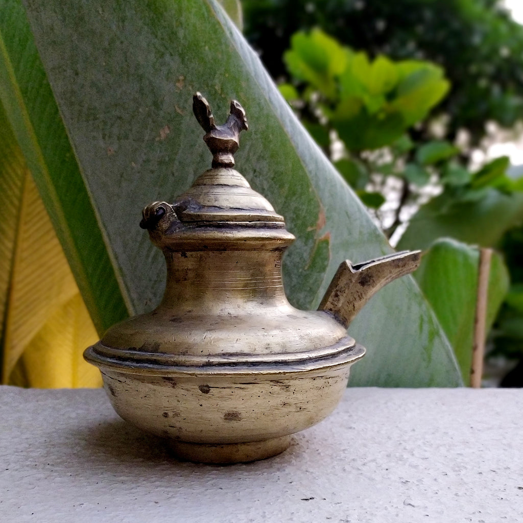 Vintage Brass Ghee Daan With Spout From South India, Ht 15 cm x Length 16 cm