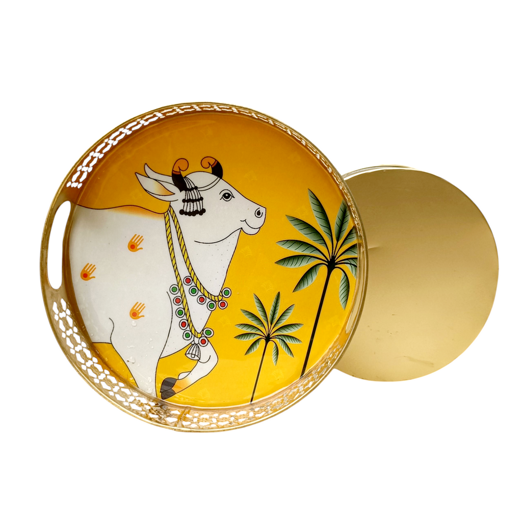 Pair Of Exquisite Round Metal Trays With Pichwai Art Of Nandi. Diameter 25 & 20 cm