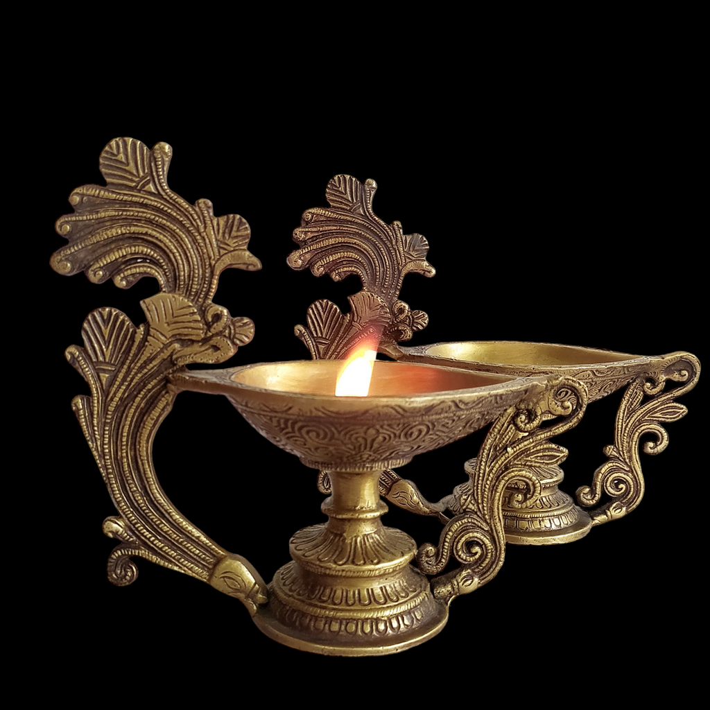 Ornate Pair of Brass Oil Vilakkus | Diyas. Length 21 cm x Height 18 cm x Width 10 cm