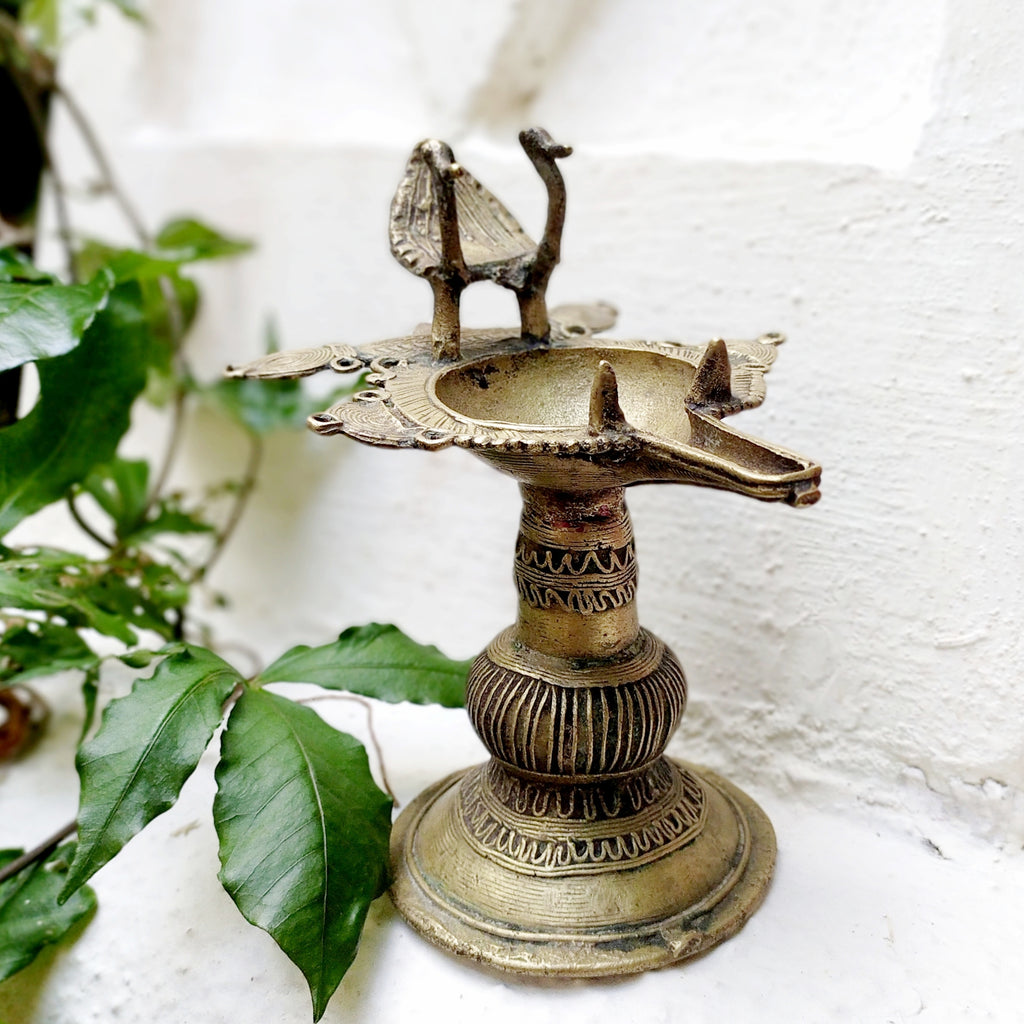 Vintage Odhisa Tribal Dhokra Brass Oil Lamp With Peacocks. L 14.5 cm x Ht 17 cm x Width 12.5 cm