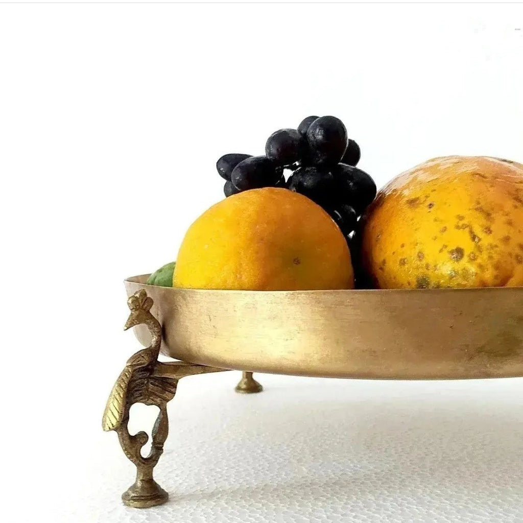 Brass Fruit Bowl Handcrafted With 3 Peacock shaped Legs - Diameter 29 cm x Height 9 cm