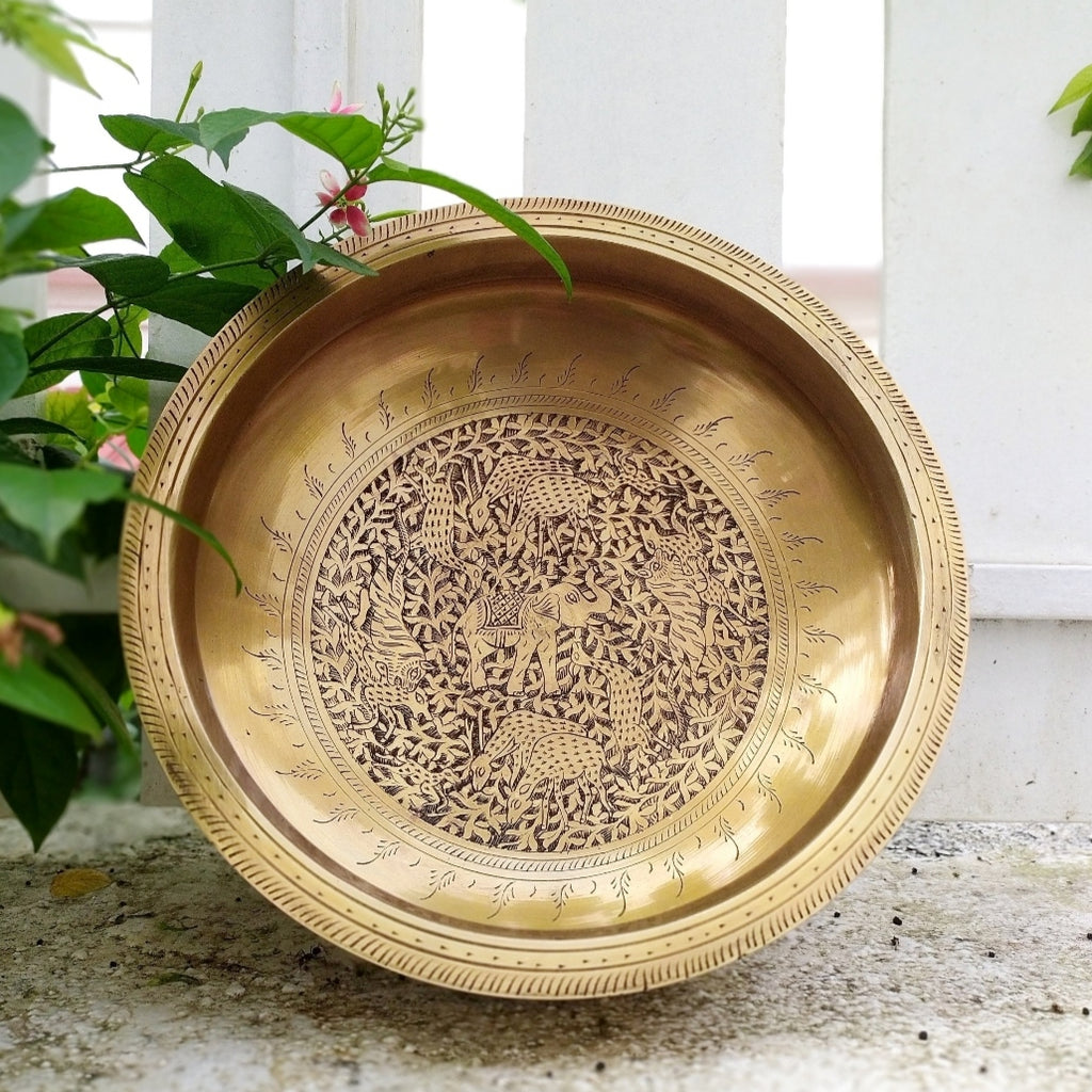 Captivating Brass Urli Hand Engraved With Flora & Fauna. Diameter 30 cm x Ht 11 cm