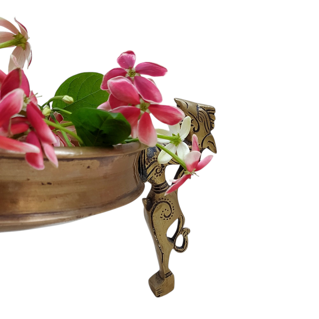 Traditional Brass Urli Handcrafted With 3 Mythical Yali Legs. Diameter 20 cm x Height 15 cm