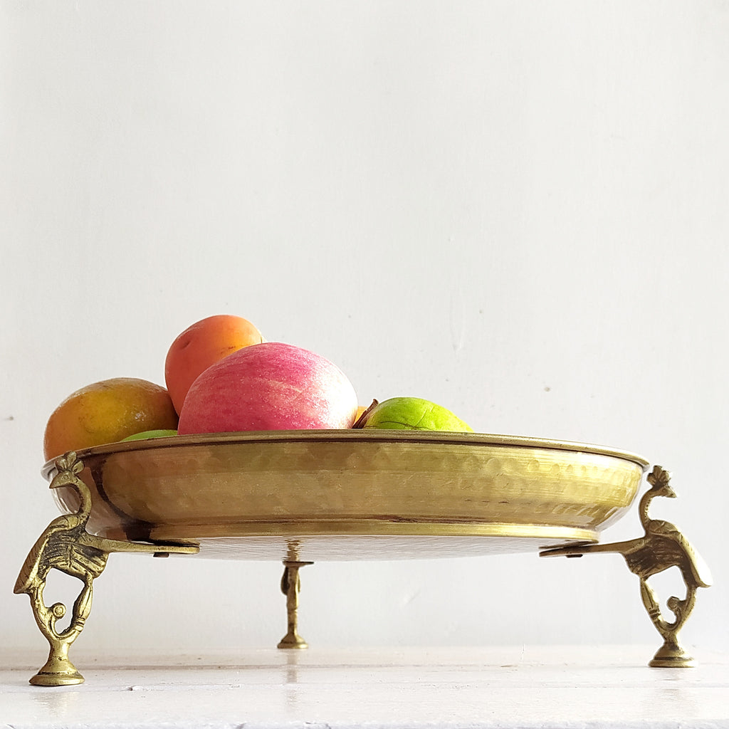 Hammered Brass Fruit Bowl Handcrafted With 3 Peacock shaped Legs - Diameter 28 cm x Height 9 cm