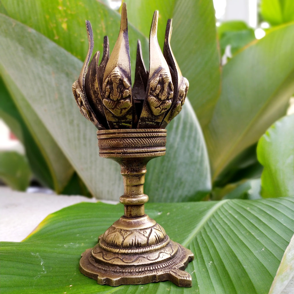 Vintage Ganesha Brass Lotus Lamp With 16 Petals On a Turtle Base. Height 16 cm