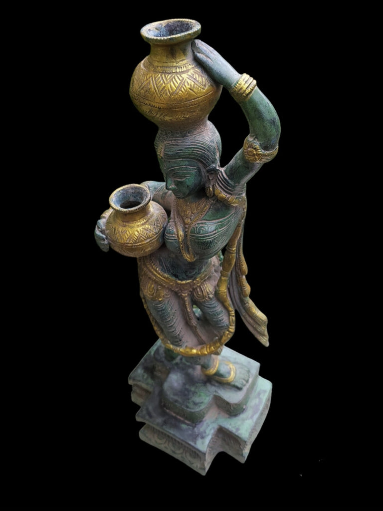 Village Woman Carrying Water Pots Handcrafted In Brass With A  Green & Gold Patina. Height 38 cm