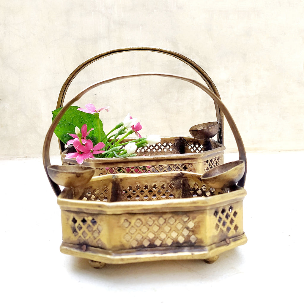 Pair Of Traditional Vintage Brass Flower Baskets, Poola Sajja, L 16 cm & 12 cm