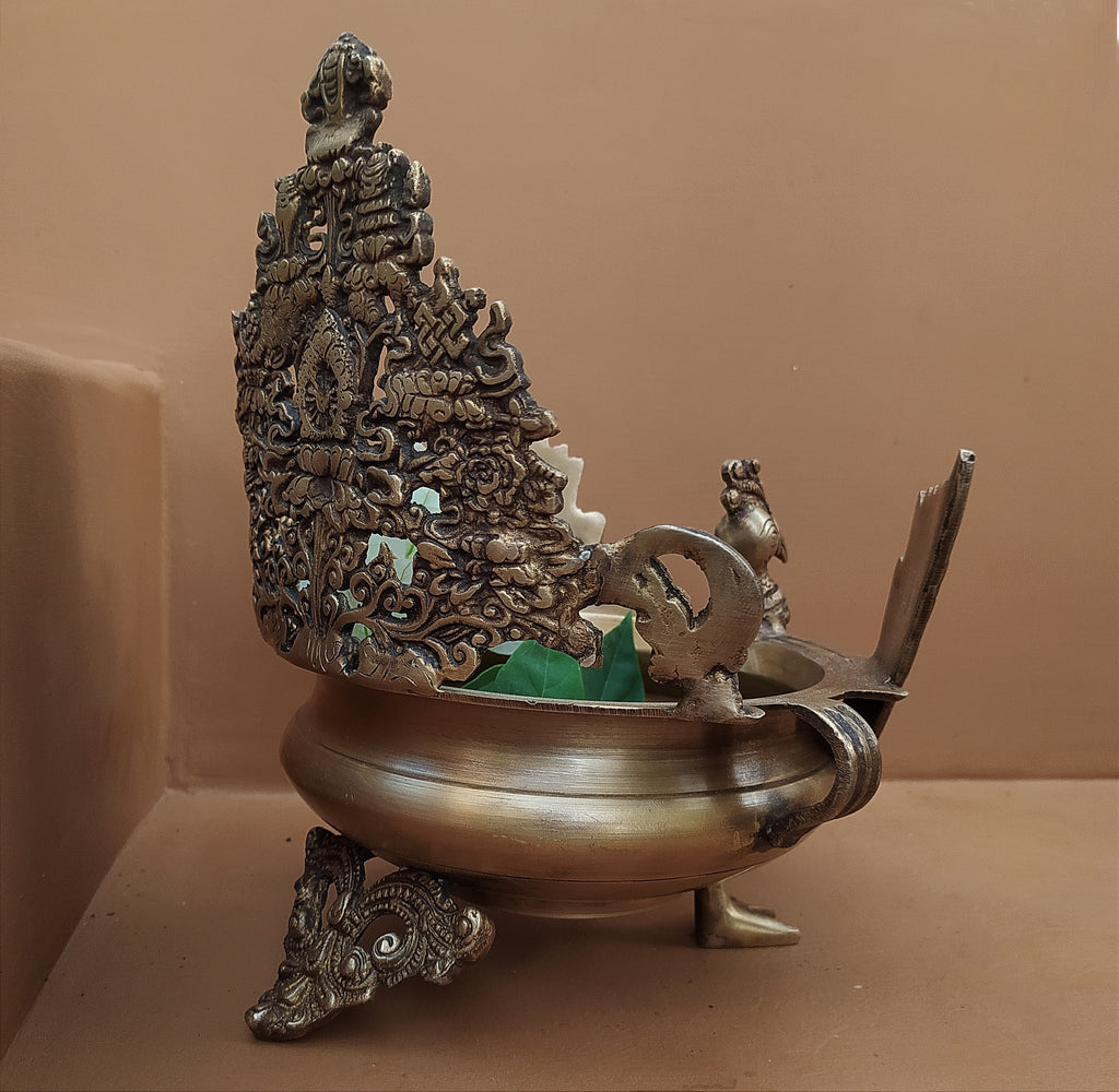 Majestic Brass Peacock Urli For Floating Flowers & Diyas - Height 29 cm x Length 23 cm x Diameter 20 cm