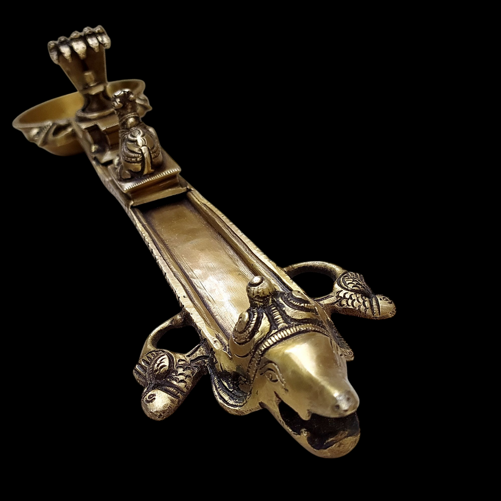 Majestic Brass Ritual Spoon or Uddharani with Nandi and Shiva Linga - L 59 cm x Ht 10 cm