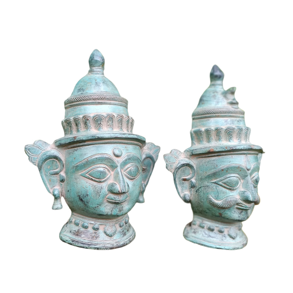 Brass Mukhlingam of Hindu Gods Shiva & Parvati In Green Patina. Height 23 cm x Width 18.5 cm