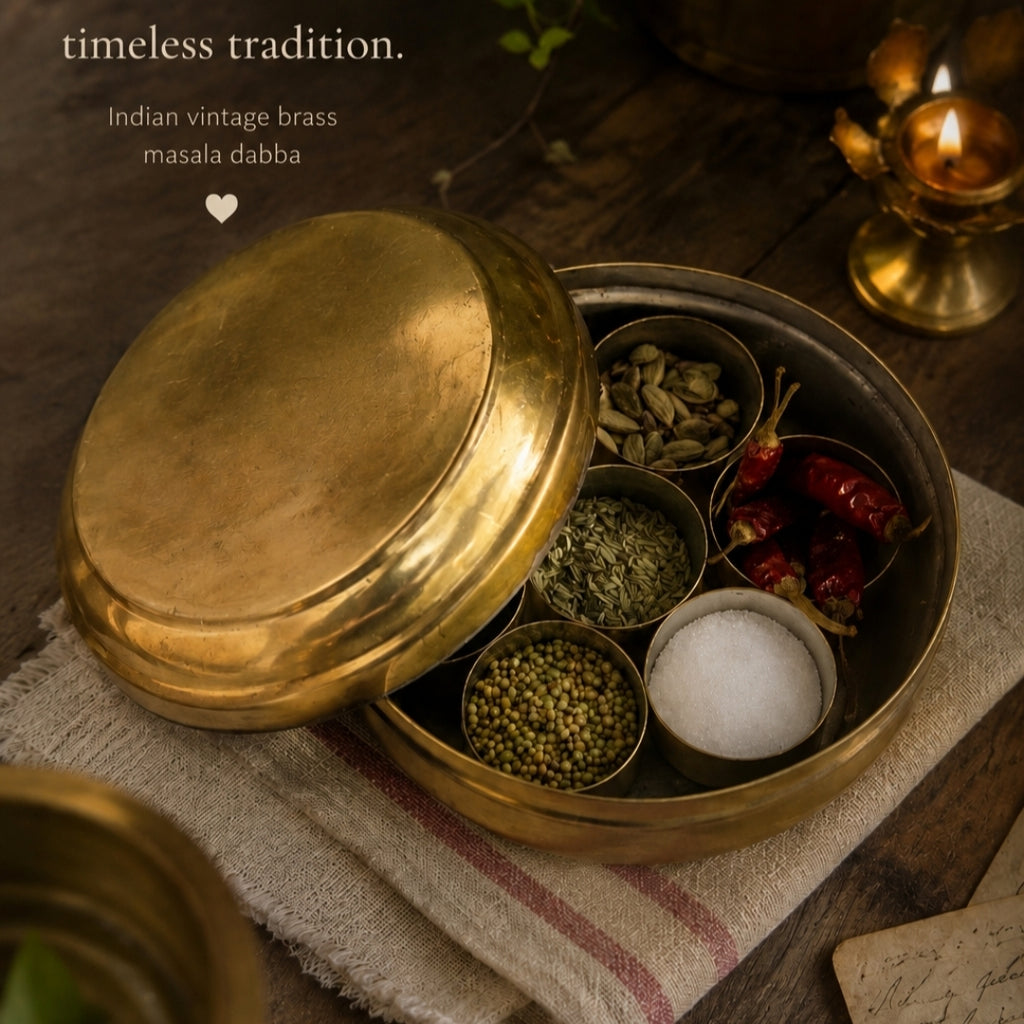 Vintage Round Brass Condiment | Spice Box With 7 Containers, Diameter 20 cm x Ht 12 cm