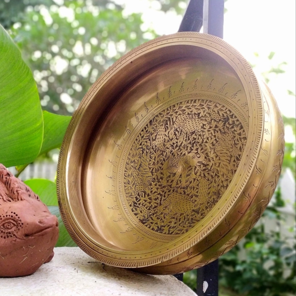 Captivating Brass Urli Hand Engraved With Flora & Fauna. Diameter 30 cm x Ht 11 cm