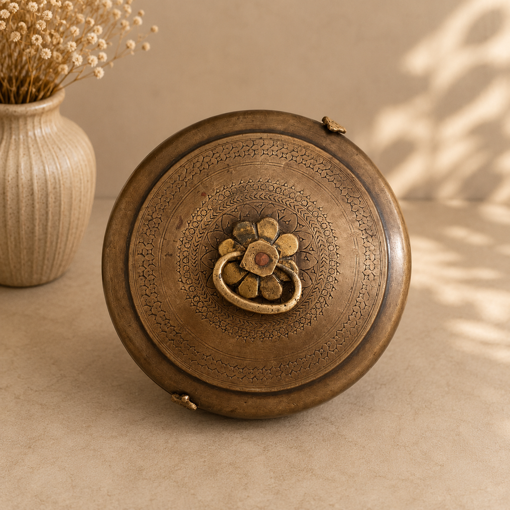 Traditional Brass Chappati Dabba. Diameter 22 cm x Ht 11 cm