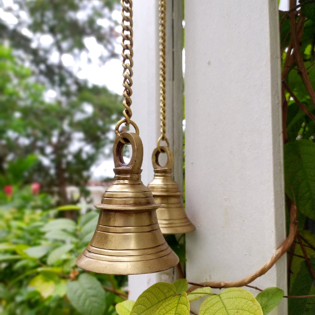 Tample Bells Pair Of Brass Temple Bells. Length 54 cm x Dia 7 cm - The Indian Weave