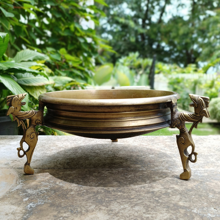 Traditional Brass Urli Handcrafted With 3 Mythical Yali Legs. Diameter 28 cm x Height 15 cm