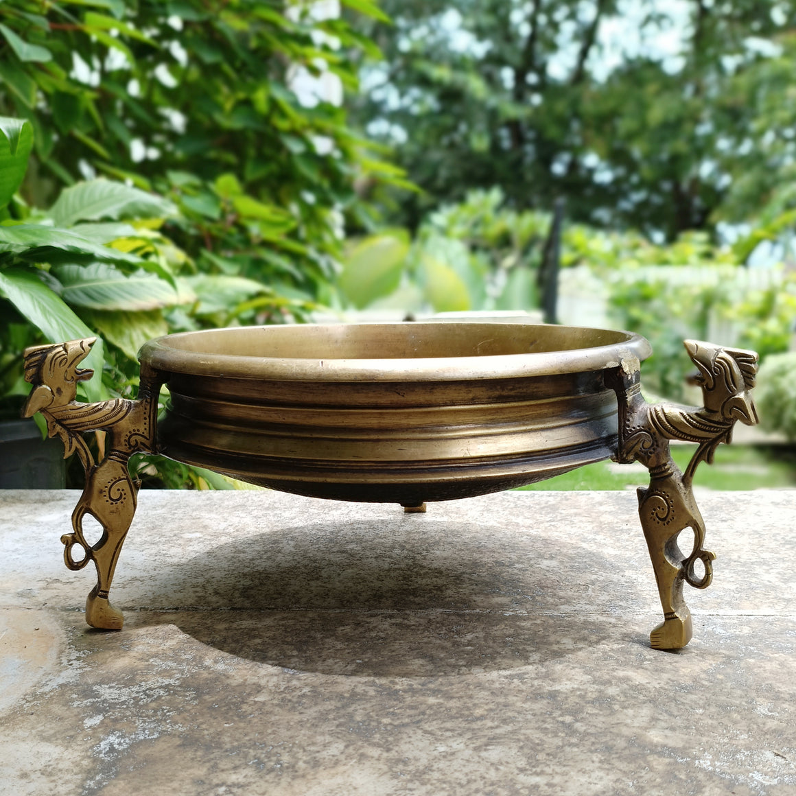 Traditional Brass Urli Handcrafted With 3 Mythical Yali Legs. Diameter 28 cm x Height 15 cm
