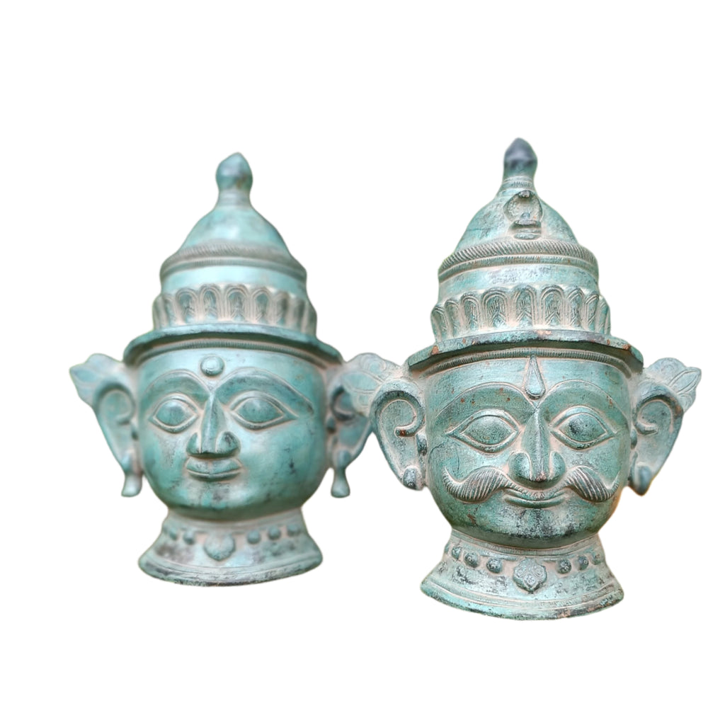 Brass Mukhlingam of Hindu Gods Shiva & Parvati In Green Patina. Height 23 cm x Width 18.5 cm
