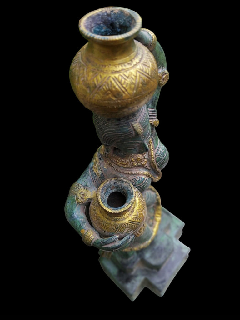 Village Woman Carrying Water Pots Handcrafted In Brass With A  Green & Gold Patina. Height 38 cm