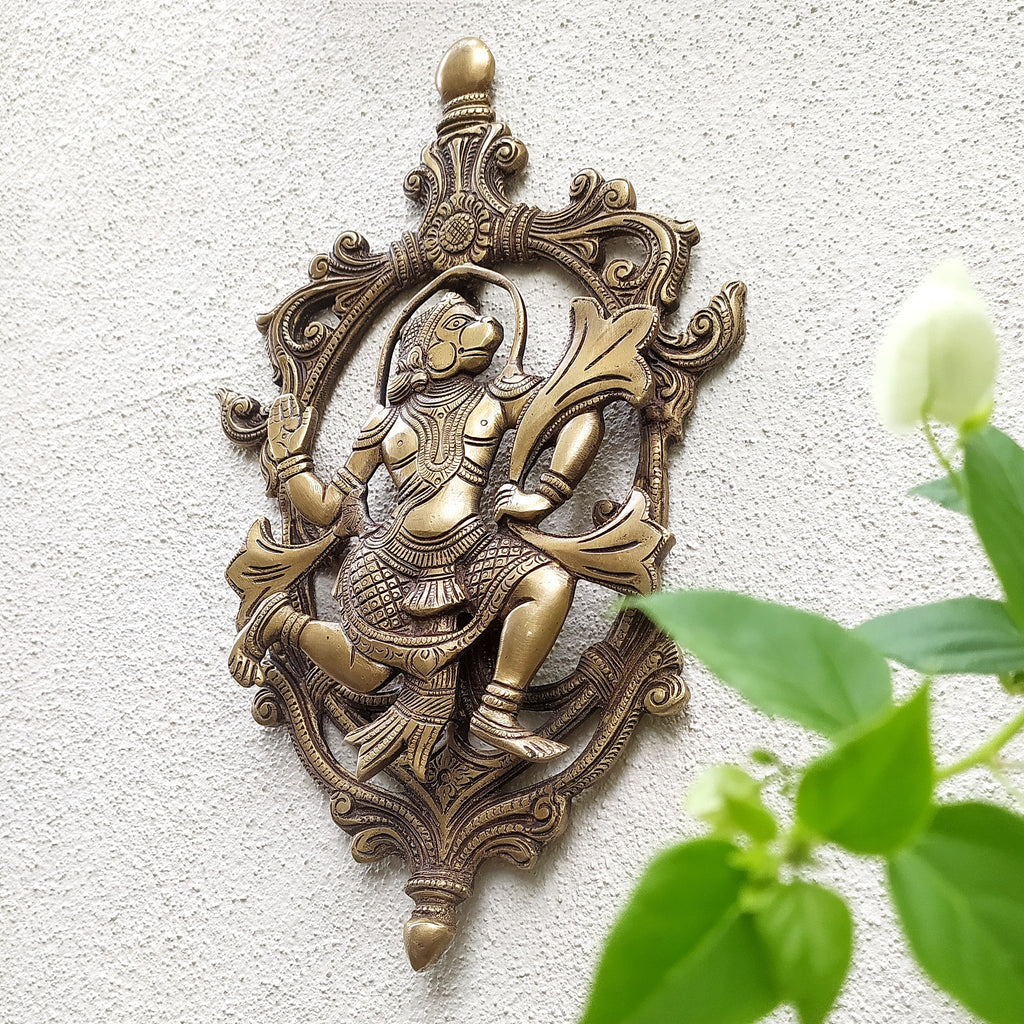 Majestic Handcrafted Brass Plaque of Hindu Diety Hanuman. Height 34 cm x Width 21 cm