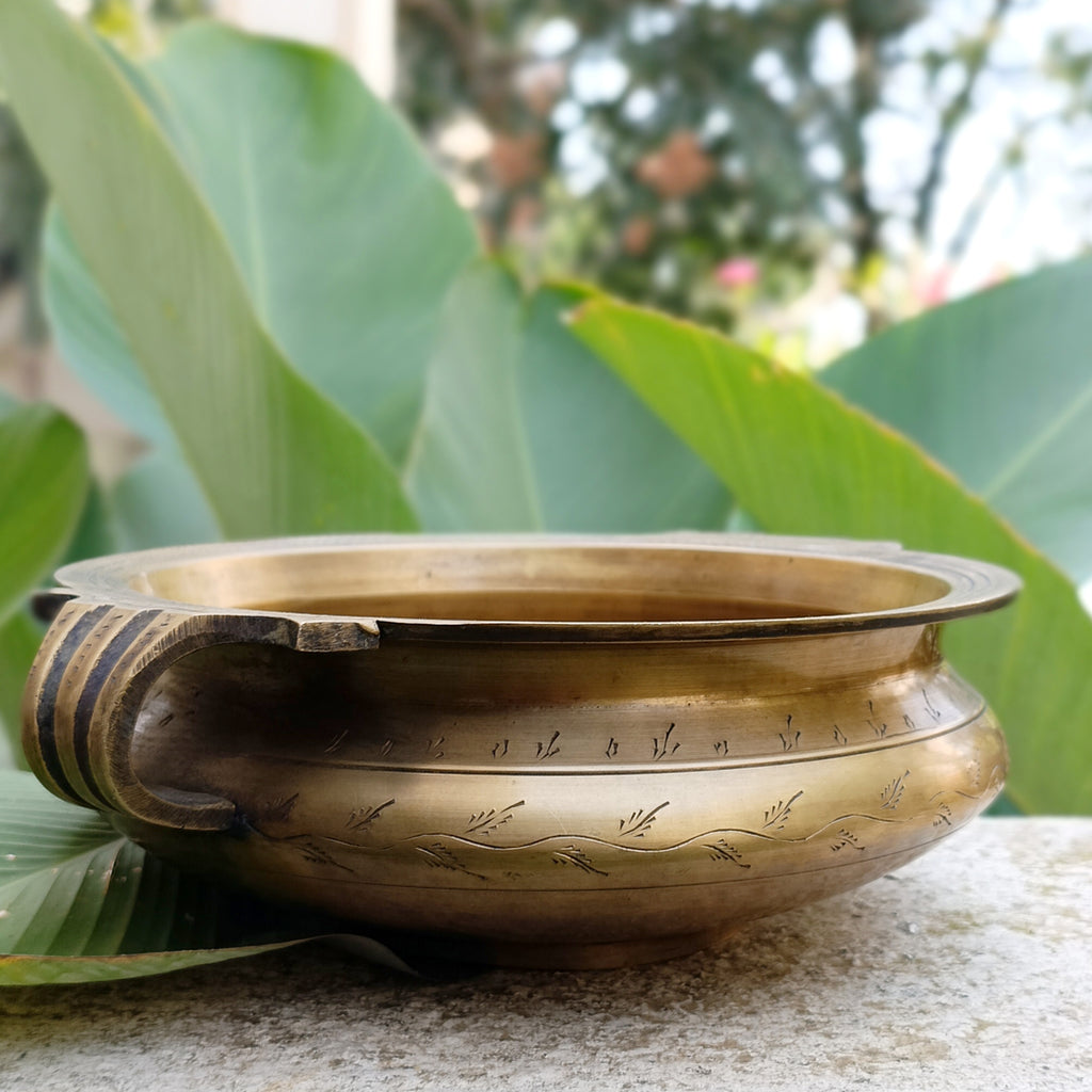 The Emperors Urli - Hand Engraved with A Majestic Camel And Mahout On Hunt. Diameter 25 cm x Ht 9 cm