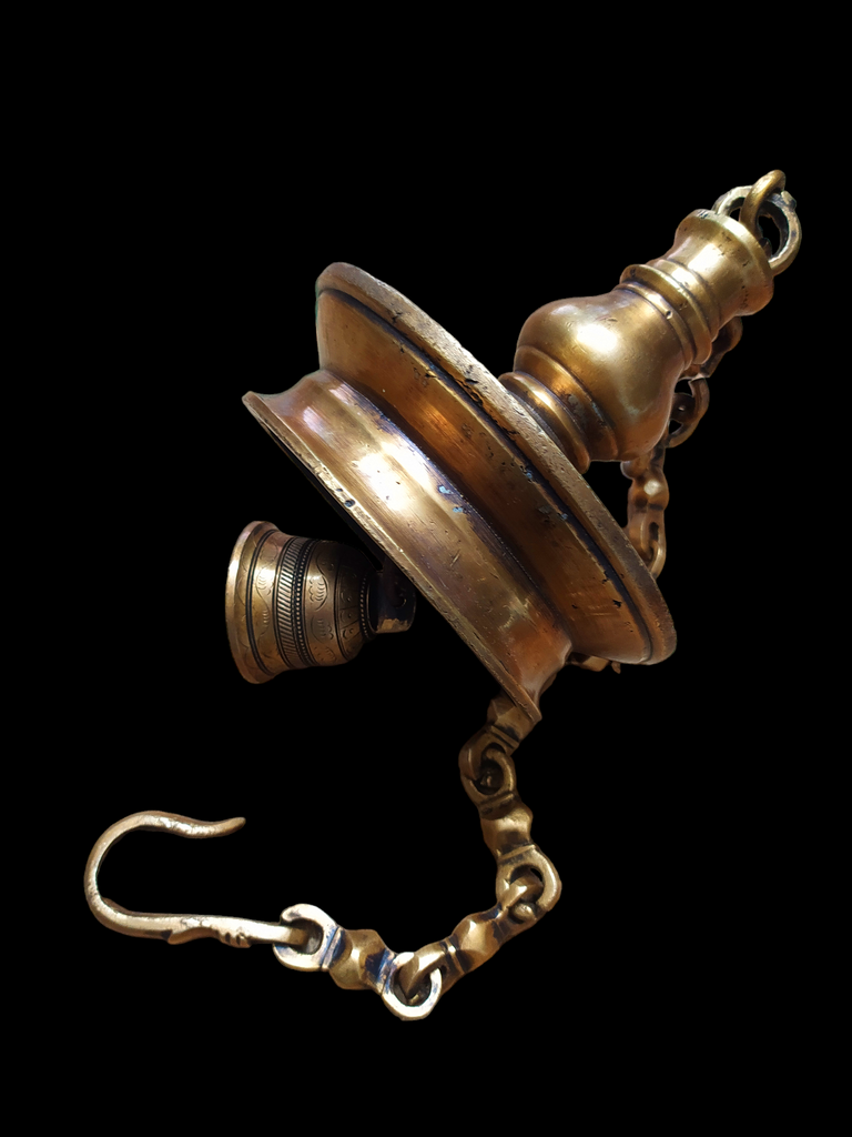 Vintage Brass Oil Lamp With Bell - "Thooku Vilakku" From South India. Length 76 cm x Diameter 16 cm