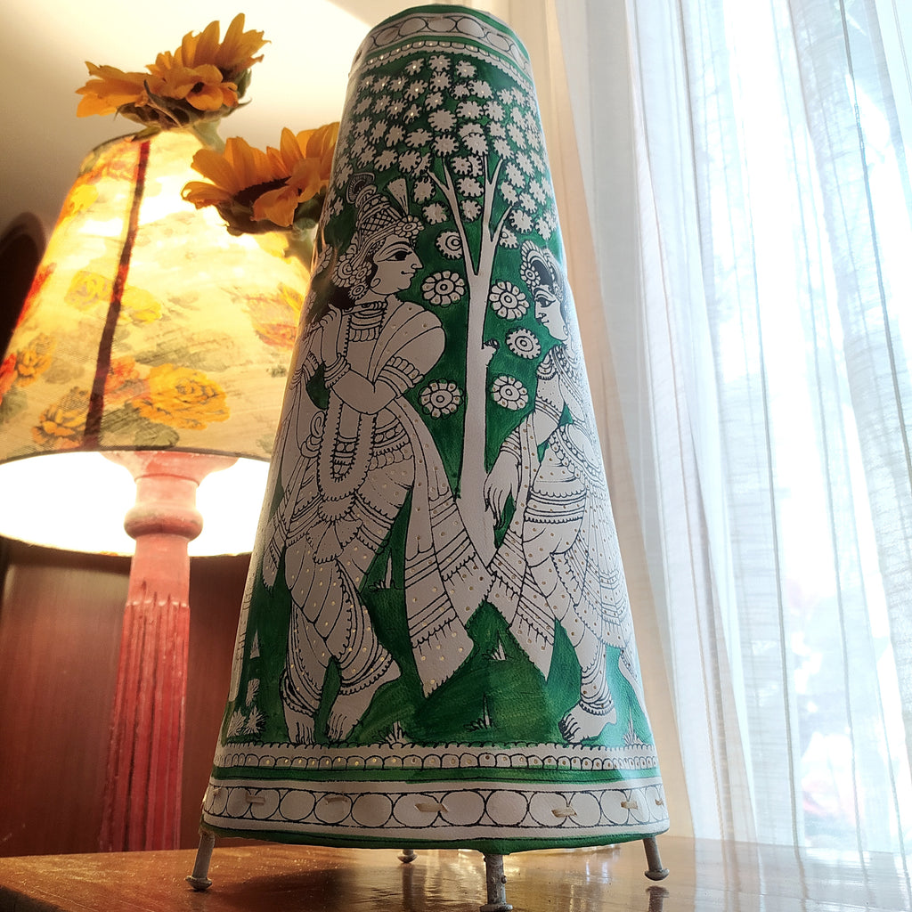 Kalamkari Style Leather Lampshade Depicting Radha Krishna In Colours of Vibrant Green & White. Height 44 cm