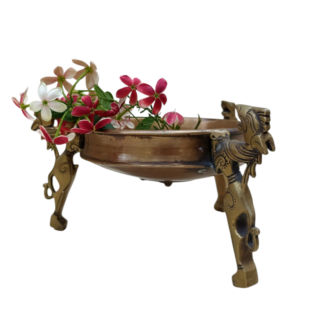 Traditional Brass Urli Handcrafted With 3 Mythical Yali Legs. Diameter 20 cm x Height 15 cm