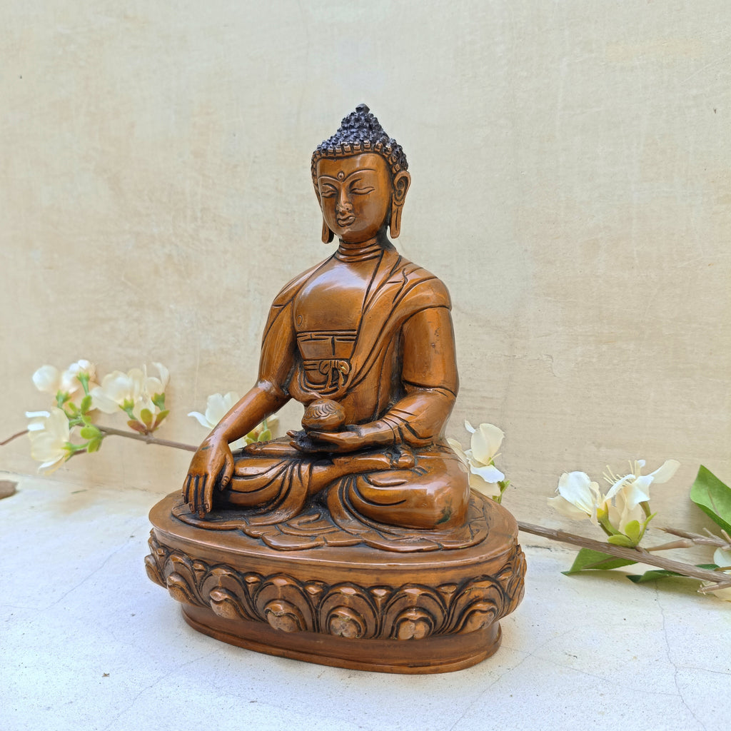 Vintage Buddha Brass Sculpture In Earth Mudra Posture. Ht 22 cm