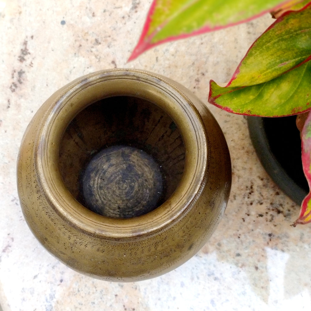 Vintage Brass Lota - Drinking Water Vessel Engraved With Elephants. Height 14 cm x Diameter 10 cm