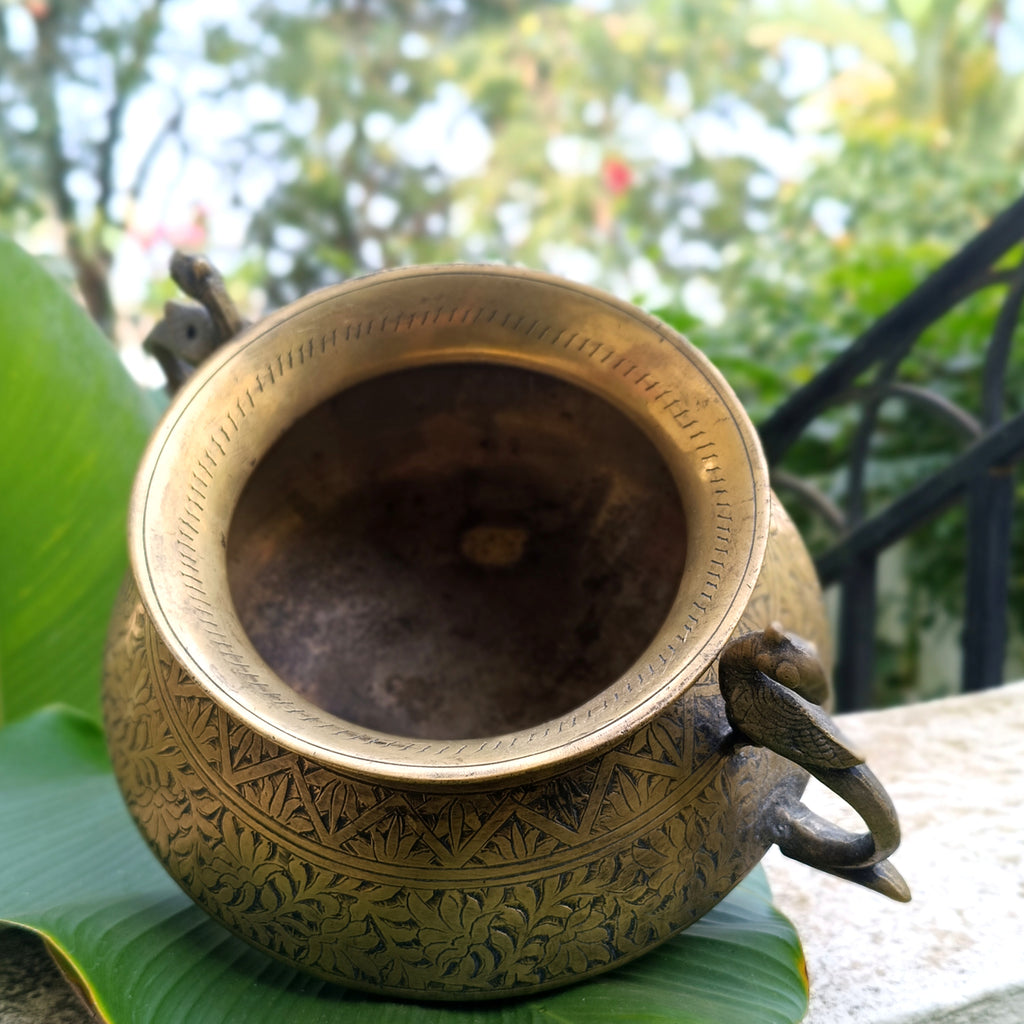 Vintage Brass Planter With Peacock Handles Hand Engraved With Floral Motifs. Height 19 cm x Diameter 18 cm