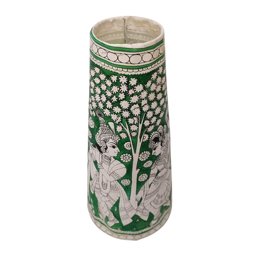 Kalamkari Style Leather Lampshade Depicting Radha Krishna In Colours of Vibrant Green & White. Height 44 cm