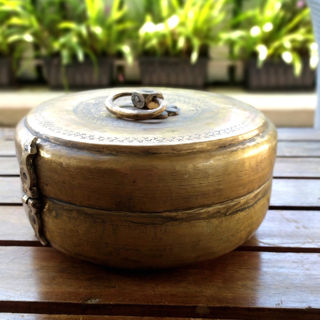 Traditional Brass Chappati Dabba | Bread Box From Northern India - Diameter 23 cm x Ht 10 cms