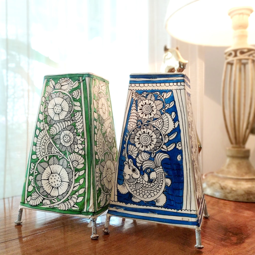 Pair Of Kalamkari Style Leather Lamps In Colours of Vibrant Green & Indigo Blue. Height 24 cm