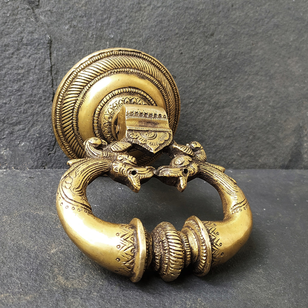 Majestic Vintage Brass Door Knocker With Twin Mythical Yalis & Peacocks. Height 12 x Width 12 cm