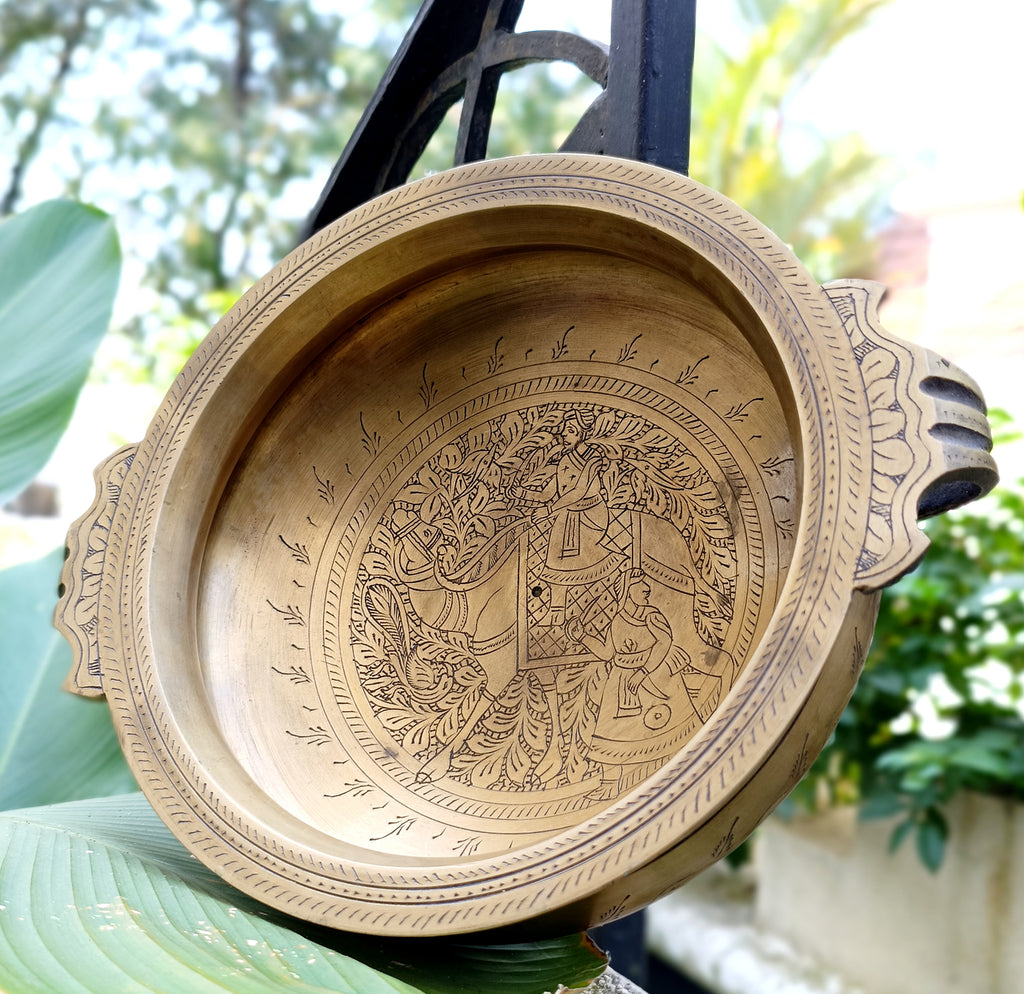The Emperors Urli - Hand Engraved with A Majestic Camel And Mahout On Hunt. Diameter 25 cm x Ht 9 cm