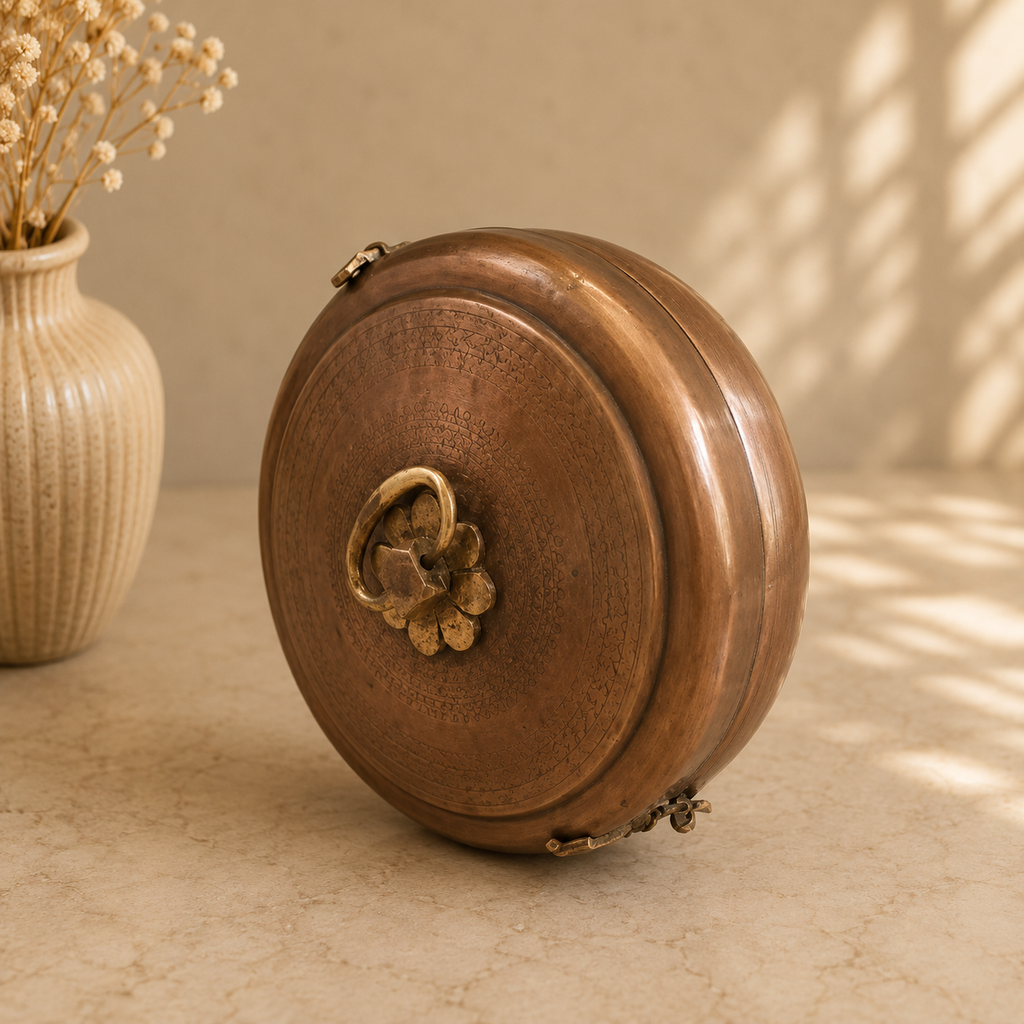 Traditional Brass Chappati Dabba. Diameter 22 cm x Ht 11 cm