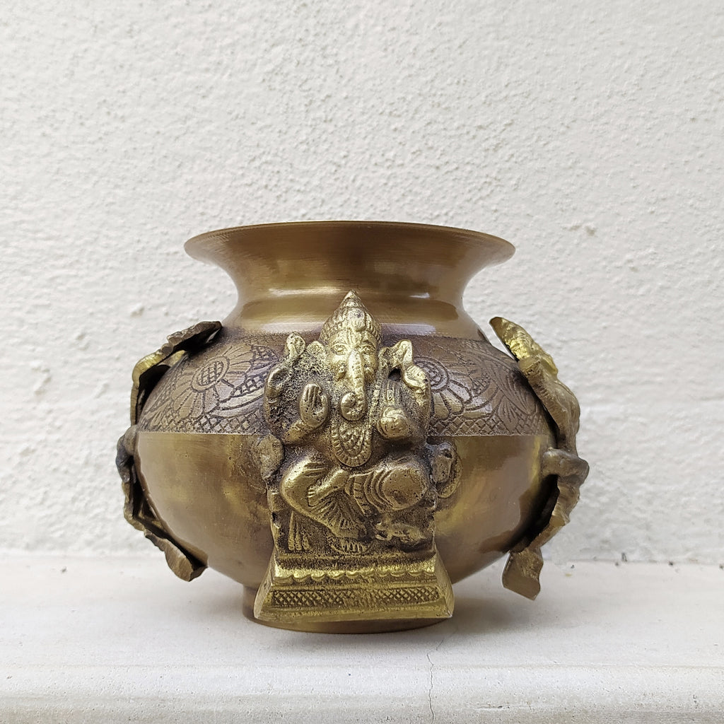 Divine Brass Lota | Vessel Depicting 4 Hindu Gods Ganesha, Hanuman, Lakshmi & Saraswati. H 13 cm x Dia 11 cm