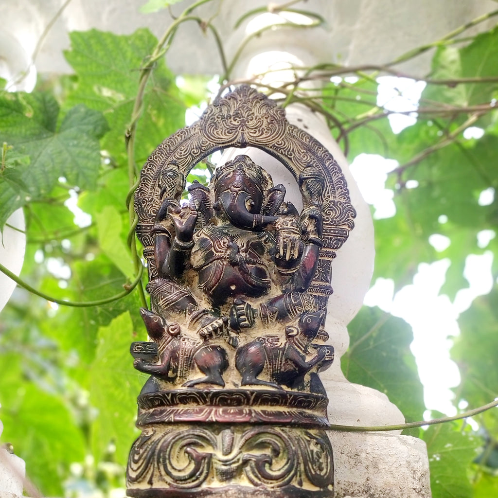 Brass Sculpture of Lord Ganesha With His Vahan In Rich Burgundy & Grey Patina. Height 29 cm x Width 16 cm