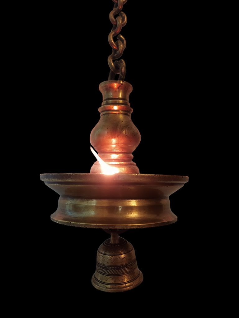 Vintage Brass Oil Lamp With Bell - "Thooku Vilakku" From South India. Length 76 cm x Diameter 16 cm