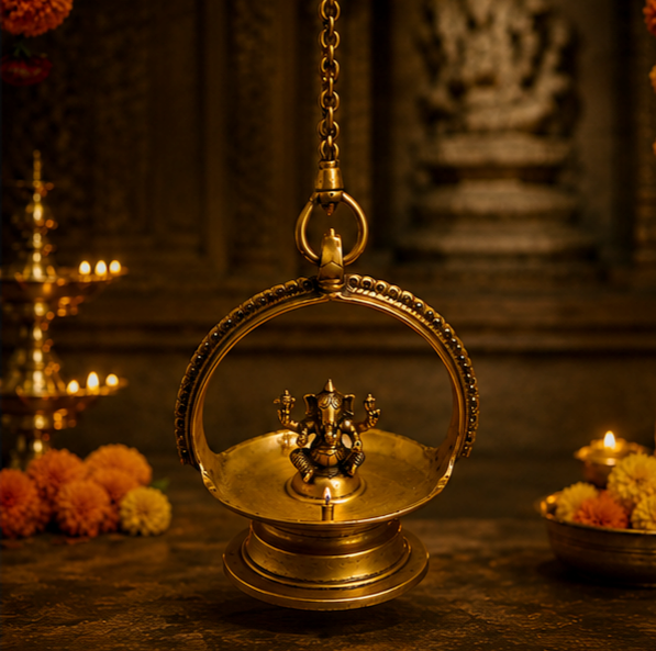 Divine Brass Lamp Of Lord Ganesha, Length 93 cm, Religious Home Decor