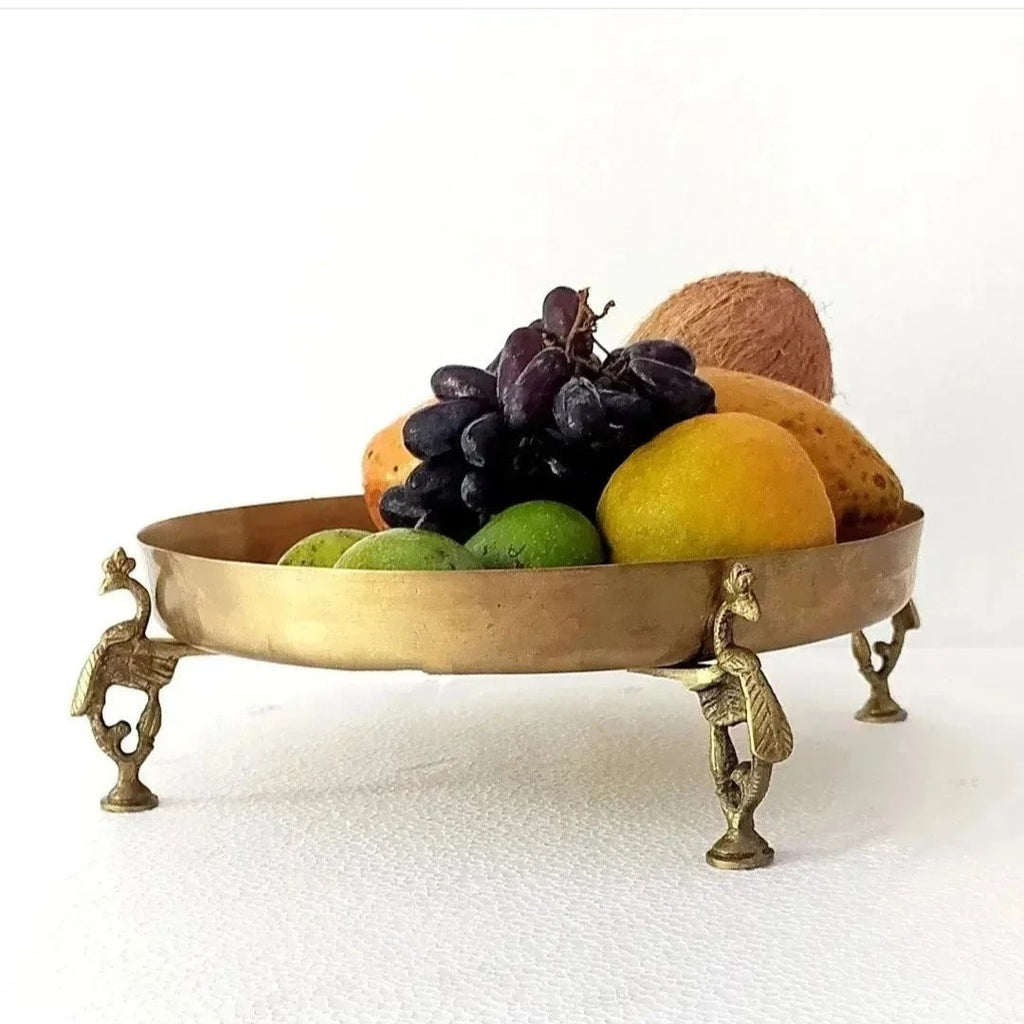 Brass Fruit Bowl Handcrafted With 3 Peacock shaped Legs - Diameter 29 cm x Height 9 cm