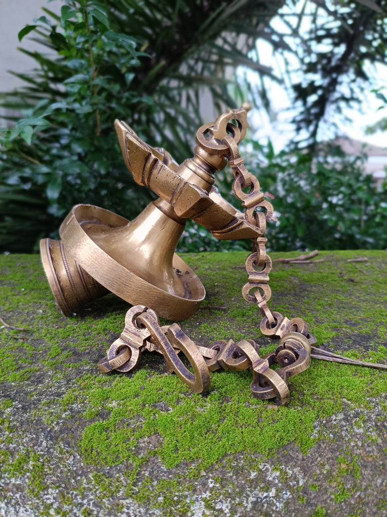 Vintage Brass Lamp With Bell - "Thooku Vilakku" From South India. Length 78 cm x Diameter 13 cm