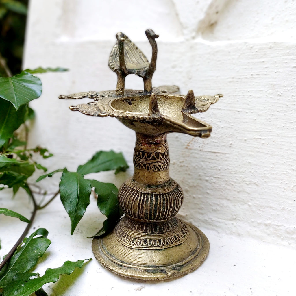 Vintage Odhisa Tribal Dhokra Brass Oil Lamp With Peacocks. L 14.5 cm x Ht 17 cm x Width 12.5 cm